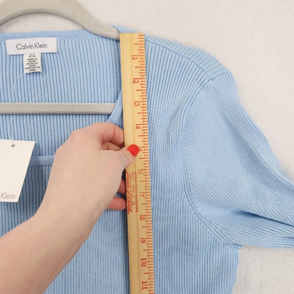 Calvin Klein Sweater Womens Large Blue Ribbed Knit Scoop Neck Lettuce Hem NEW - Picture 6 of 12
